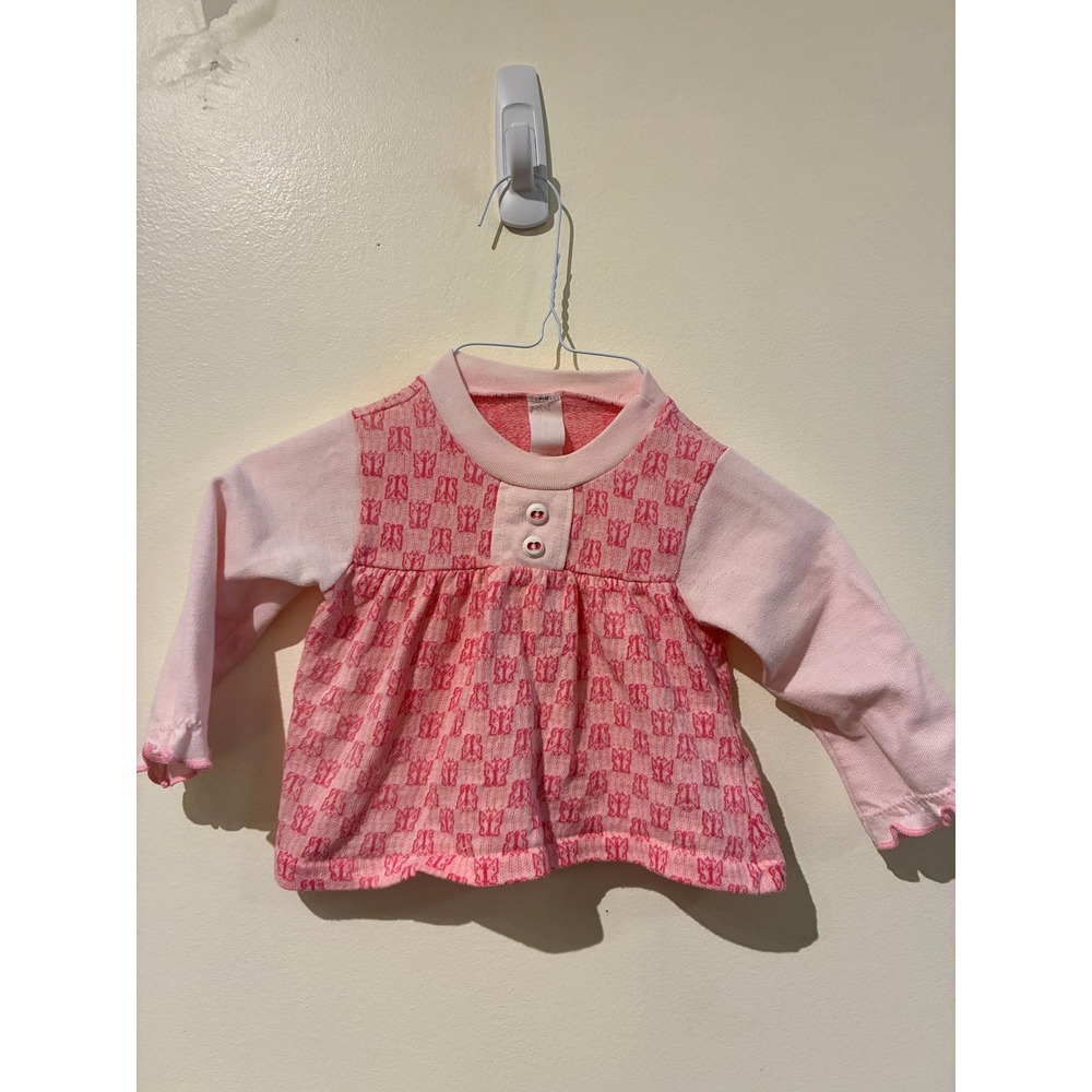 Vintage Baby Girl Pink Butterfly Print Long Sleeve Top Ruffle Hem 12 Months